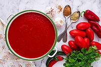 Georgian Satsebeli sauce, made from tomatoes and sweet peppers, with spices, homemade, no people [IBR124748963]