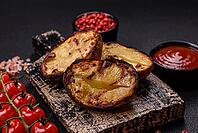 Food, Delicious potato halves in skins baked on the grill with salt, spices and herbs [IBR124773753]
