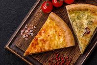 Food, Delicious quiche with broccoli, chicken or salmon and cheese with salt and spices on a dark concrete background [IBR124773757]