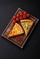 Food, Delicious quiche with broccoli, chicken or salmon and cheese with salt and spices on a dark concrete background [IBR124773763]