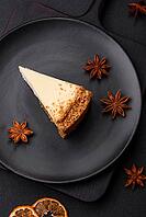 Food, Delicious sweet cheesecake cake on textured concrete background. Delicious breakfast dessert [IBR124842015]