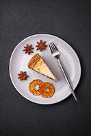Food, Delicious sweet cheesecake cake on textured concrete background. Delicious breakfast dessert [IBR124842022]