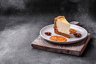 Food, Delicious sweet cheesecake cake on textured concrete background. Delicious breakfast dessert [IBR124842025]