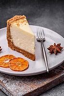 Food, Delicious sweet cheesecake cake on textured concrete background. Delicious breakfast dessert [IBR124842027]