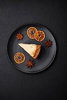Food, Delicious sweet cheesecake cake on textured concrete background. Delicious breakfast dessert [IBR124842029]