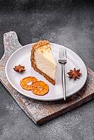 Food, Delicious sweet cheesecake cake on textured concrete background. Delicious breakfast dessert [IBR124842041]