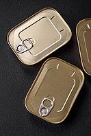 Food, Tin or aluminum rectangular can of canned food with a key on a dark concrete background [IBR124842044]