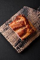 Food, Delicious calorie smoked bacon with salt, spices and herbs on a dark concrete background [IBR124842077]