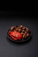 Grilled mushroom pieces, a vegetarian healthy meal with sauce. Barbecue mushroom halves as a food backdrop for your design [IBR124865236]