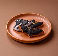 Halloween cookies, sweets, or gingerbread, a cat, a bat, and a hat. Halloween cookies as a backdrop for your design [IBR124865270]