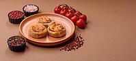 Round fish or chicken cutlets baked with tomato and cheese. Fish cutlets as a food backdrop for your design [IBR124865290]