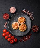 Round fish or chicken cutlets baked with tomato and cheese. Fish cutlets as a food backdrop for your design [IBR124865291]