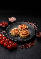 Round fish or chicken cutlets baked with tomato and cheese. Fish cutlets as a food backdrop for your design [IBR124865295]