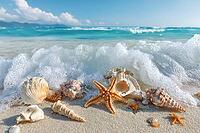 Shells and starfish on the beach, generative AI, AI generated [IBR124891305]