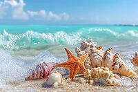 Shells and starfish on the beach, generative AI, AI generated [IBR124891306]