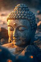 Traditional Buddha statue in a garden, Buddhism, meditation, generative AI, AI generated [IBR124891320]