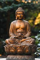 Traditional Buddha statue in a garden, Buddhism, meditation, generative AI, AI generated [IBR124891323]