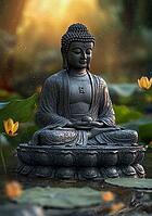 Traditional Buddha statue in a garden, Buddhism, meditation, generative AI, AI generated [IBR124891324]