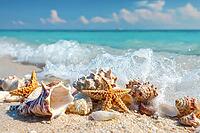 Shells and starfish on the beach, generative AI, AI generated [IBR124891328]