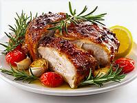 Delicious turkey fillet with rosemary, tomatoes and garlic served on a white plate, Generative AI, AI generated [IBR124891330]