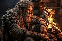 Stone Age Man, Stone Age Man Sitting by Fire, portrait, Generative AI, AI Generated [IBR124891334]
