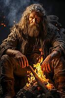 Stone Age Man, Stone Age Man Sitting by Fire, portrait, Generative AI, AI Generated [IBR124891338]