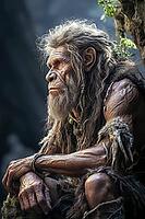 Neanderthal man from the Stone Age, hunter sitting outdoors, Generative AI, AI generated [IBR124891342]