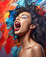 Surrealistic colorful portrait of screaming woman, Generative AI, AI generated [IBR124891343]