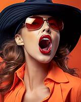 Portrait of screaming woman wearing hat and sunglasses, Generative AI, AI generated [IBR124891347]