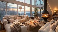 Penthouse in the mountains with cozy decor, fireplace and bright upholstered furniture, Generative AI, AI generated [IBR124891352]