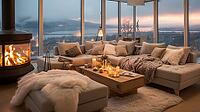 Penthouse in the mountains with cozy decor, fireplace and bright upholstered furniture, Generative AI, AI generated [IBR124891353]