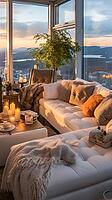 Penthouse in the mountains with cozy decor, fireplace and bright upholstered furniture, Generative AI, AI generated [IBR124891354]
