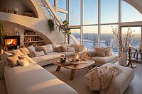 Penthouse in the mountains with cozy decor, fireplace and bright upholstered furniture, Generative AI, AI generated [IBR124891357]