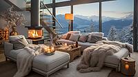 Penthouse in the mountains with cozy decor, fireplace and bright upholstered furniture, Generative AI, AI generated [IBR124891358]