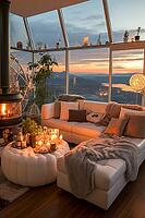 Penthouse in the mountains with cozy decor, fireplace and bright upholstered furniture, Generative AI, AI generated [IBR124891359]