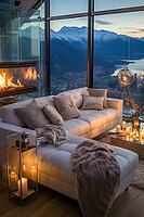 Penthouse in the mountains with cozy decor, fireplace and bright upholstered furniture, Generative AI, AI generated [IBR124891360]