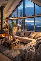 Penthouse in the mountains with cozy decor, fireplace and bright upholstered furniture, Generative AI, AI generated [IBR124891361]