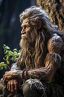 Neanderthal man from the Stone Age, hunter sitting outdoors, Generative AI, AI generated [IBR124891369]