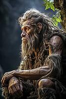 Neanderthal man from the Stone Age, hunter sitting outdoors, Generative AI, AI generated [IBR124891371]