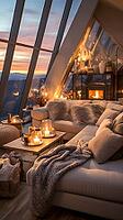 Penthouse in the mountains with cozy decor, fireplace and bright upholstered furniture, Generative AI, AI generated [IBR124891375]