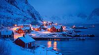 Hamnøy harbour in winter in Lofoten at dusk, Generative AI, AI generated [IBR124891379]