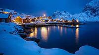 Hamnøy harbour in winter in Lofoten at dusk, Generative AI, AI generated [IBR124891380]