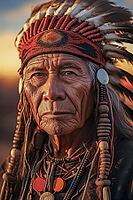 Portrait of an indigenous elderly man with headdress tribal chief, Indian, feather decoration, generative AI, AI generated [IBR124891381]