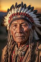Portrait of an indigenous elderly man with headdress tribal chief, Indian, feather decoration, generative AI, AI generated [IBR124891382]