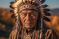 Portrait of an indigenous elderly man with headdress tribal chief, Indian, feather decoration, generative AI, AI generated [IBR124891390]