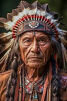 Portrait of an indigenous elderly man with headdress tribal chief, Indian, feather decoration, generative AI, AI generated [IBR124891391]