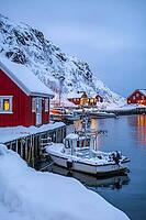 Hamnøy harbour in winter in Lofoten at dusk, Generative AI, AI generated [IBR124891394]