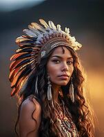 Portrait of an indigenous beautiful woman with feather headdress, war bonnet, Native American, feather decoration, generative AI, AI generated [IBR124891395]