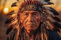 Portrait of an indigenous elderly man with headdress tribal chief, Indian, feather decoration, generative AI, AI generated [IBR124891396]