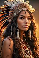 Portrait of an indigenous beautiful woman with feather headdress, war bonnet, Native American, feather decoration, generative AI, AI generated [IBR124891397]